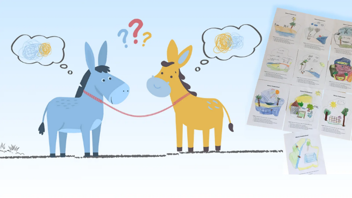 Die beiden Esel Krawalla und Rabatzi haben Streit. Grafik: Larissa Berner | Servicestelle Friedensbildung Die beiden Esel Krawalla und Rabatzi haben Streit. Grafik: Larissa Berner | Servicestelle Friedensbildung