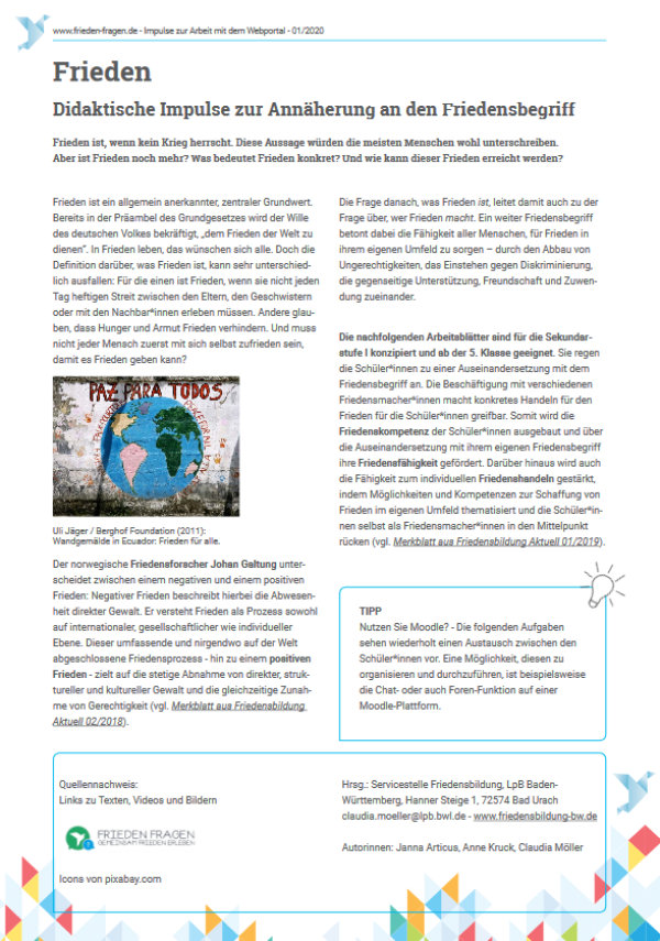 Arbeitsblatt "Frieden - Didaktische Impulse zur Annäherung an den Friedensbegriff." Servicestelle Friedensbildung BW, 2020